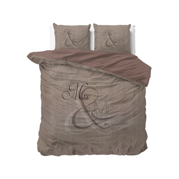 Rjava bombažna posteljnina za zakonsko posteljo Pure Cotton Mr & Mrs Pleteno, 200 x 200/220 cm