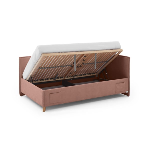 Rožnata oblazinjena kotna otroška postelja s prostorom za shranjevanje z letvenim dnom 90x200 cm Fun – Meise Möbel-image-2