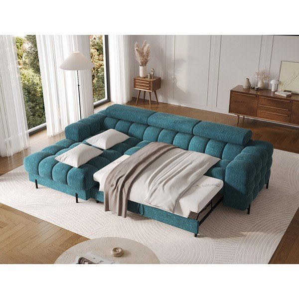 Modra raztegljiva/s prostorom za shranjevanje kotna sedežna garnitura iz tkanine bouclé (levi kot/z ležalnikom) Felro – ELTAP-image-4