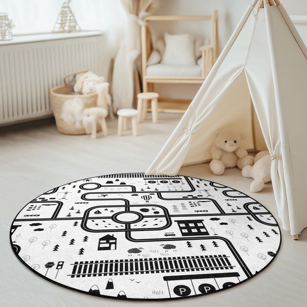 Črno-bela pralna otroška igralna preproga ø100 cm In My Town – Mila Home-image-1