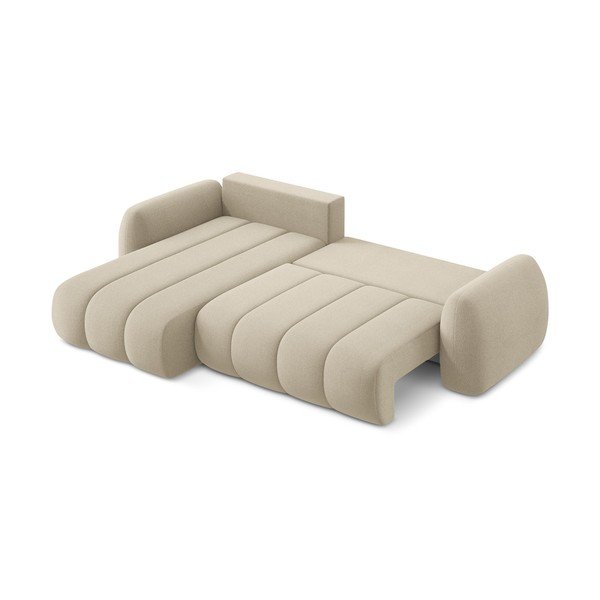 Svetlo rjava raztegljiva kotna sedežna garnitura iz tkanine bouclé s prostorom za shranjevanje (levi kot/z ležalnikom) Pele – Makamii-image-4