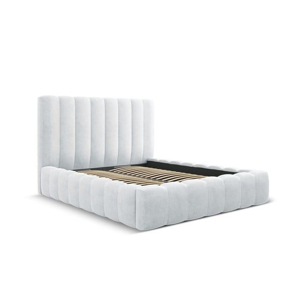 Svetlo siva oblazinjena zakonska postelja s prostorom za shranjevanje z letvenim dnom 160x200 cm Kelp – Micadoni Home