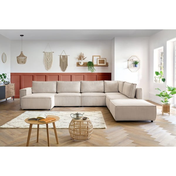 Kremno bela kotna sedežna garnitura iz rebrastega žameta (desni kot/v obliki črke "U") Nihad modular – Bobochic Paris-image-1