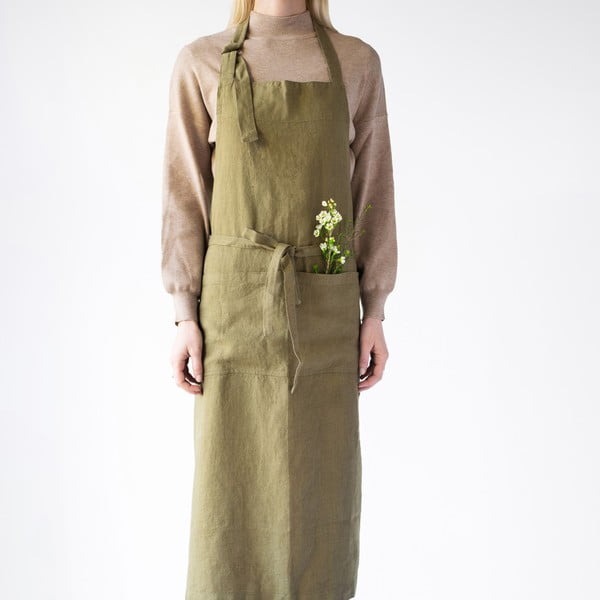 Olivno zelen lanen predpasnik Linen Tales Chef, dolžina 100 cm