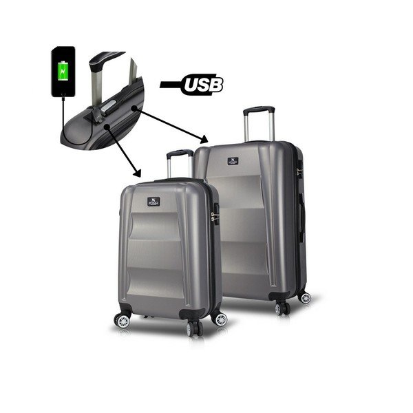 Komplet 2 sivih potovalnih kovčkov na kolesih z vrati USB My Valice LASSO Cabin & Medium-image-2