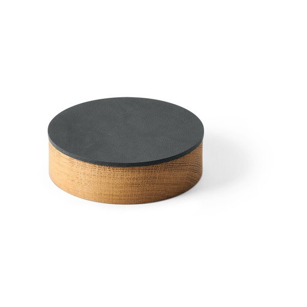 Antracitno siva dekorativna škatla za shranjevanje s pokrovom iz lesa in eko usnja ø 11x3,5 cm Circle Nupo – LIND DNA