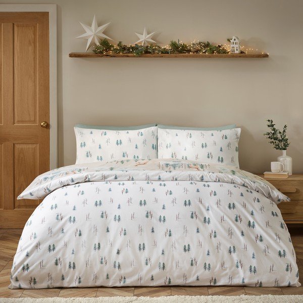 Enojna flanelna posteljnina v naravni barvi 135x200 cm Brushed Christmas Deer – Catherine Lansfield-image-1