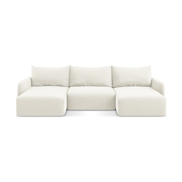 Kremno bela žametna raztegljiva/s prostorom za shranjevanje kotna sedežna garnitura (v obliki črke "U") Kalena – Makamii