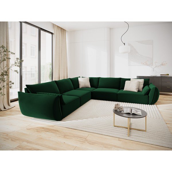 Temno zelena žametna kotna sedežna garnitura Vanda – Mazzini Sofas-image-1