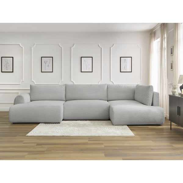 Svetlo siva raztegljiva/s prostorom za shranjevanje kotna sedežna garnitura iz rebrastega žameta (desni kot/v obliki črke "U") Lucien – Bobochic Paris-image-1