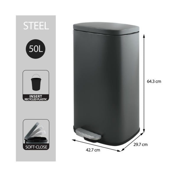 Temno siv jeklen koš za smeti s pedalom 50 l Akira – Spirella-image-2