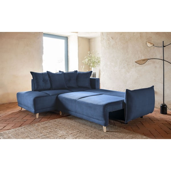 Temno modra raztegljiva kotna sedežna garnitura iz rebrastega žameta (levi kot) Lazy Lukka – Miuform-image-4