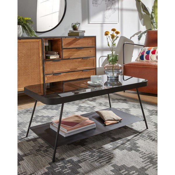 Črna mizica s stekleno mizno ploščo 45x90 cm Duilia – Kave Home-image-1