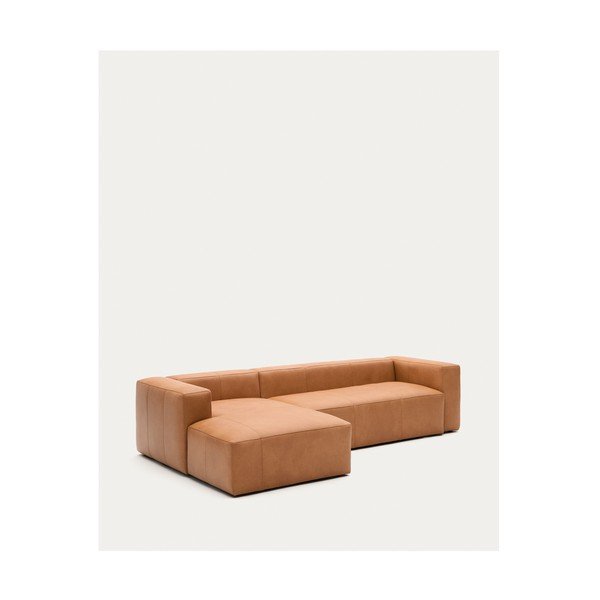 Rjava usnjena kotna sedežna garnitura (levi kot/z ležalnikom) Blok – Kave Home-image-3