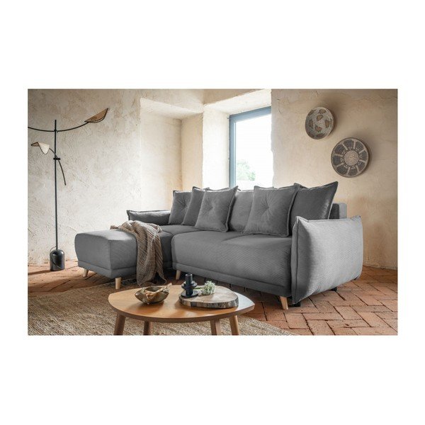 Siva raztegljiva kotna sedežna garnitura iz rebrastega žameta (s kotom po izbiri) Lazy Lukka – Miuform-image-1