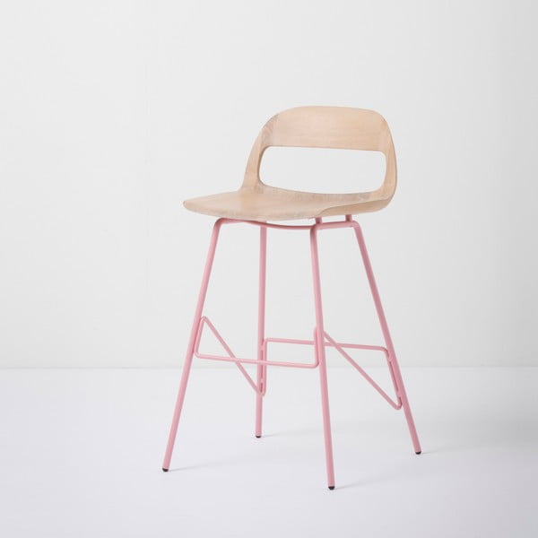 Barski stol z masivnim hrastovim sedežem in rožnatimi nogami Gazzda Leina, višina 84 cm