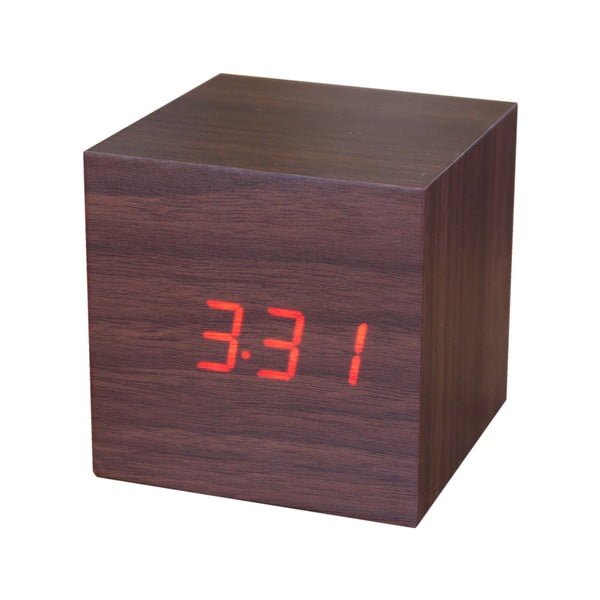 Temno rjava budilka z rdečim LED zaslonom Gingko Cube Click Clock