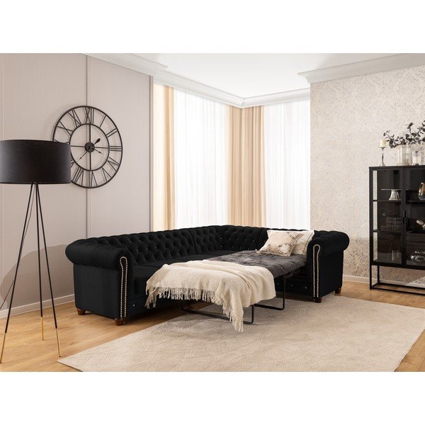 Črna žametna raztegljiva kotna sedežna garnitura (desni kot/v obliki črke L) York Blik – Ropez-image-4