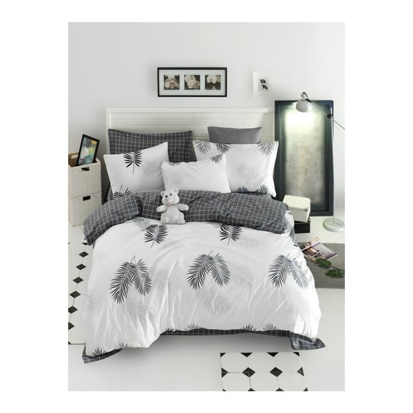  Posteljnina z rjuho za zakonsko posteljo iz bombaža Mijolnir Pipong White & Grey, 200 x 220 cm
