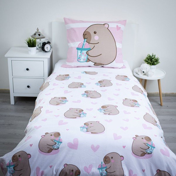 Rožnata enojna bombažna otroška posteljnina 140x200 cm Kapybara – Jerry Fabrics-image-2