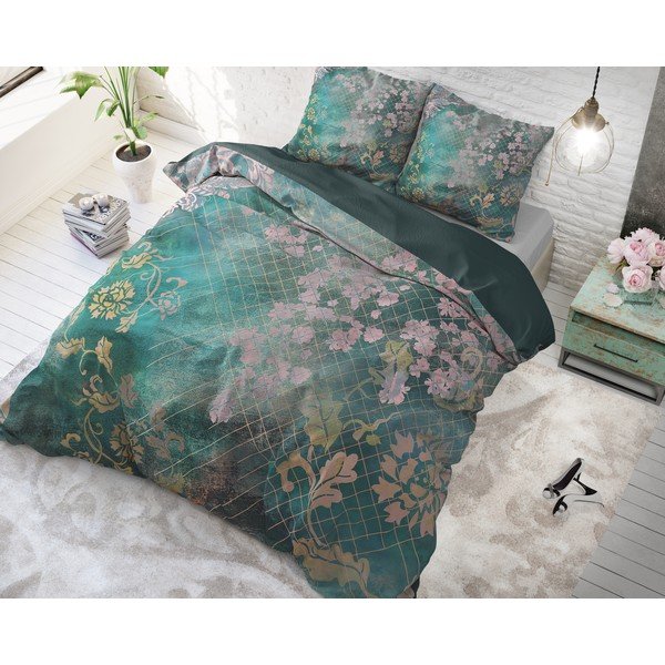 Zelena bombažna posteljnina za enojno posteljo Pure Cotton Tiran Flower, 140 x 200 cm-image-1