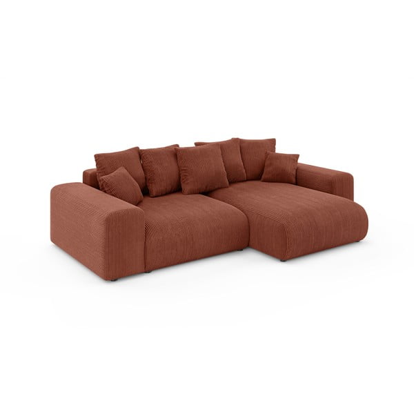 Opečnato oranžna raztegljiva kotna sedežna garnitura iz rebrastega žameta s prostorom za shranjevanje (s kotom po izbiri) Luma – Ropez-image-2