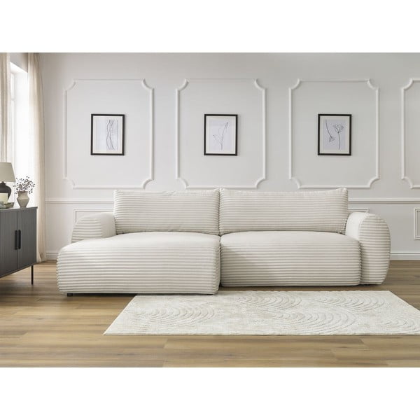 Kremno bela raztegljiva kotna sedežna garnitura iz rebrastega žameta (levi kot) Lucien – Bobochic Paris-image-1