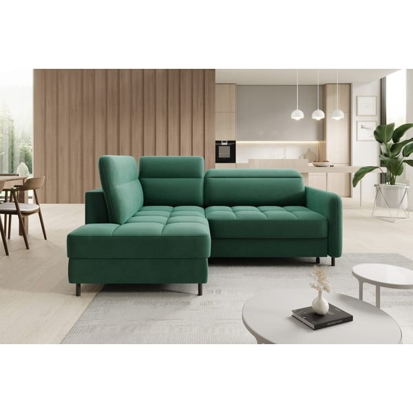 Zelena žametna raztegljiva/s prostorom za shranjevanje kotna sedežna garnitura (levi kot/v obliki črke L) Barea – ELTAP-image-1