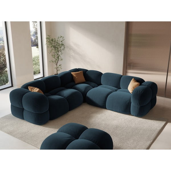 Temno modra žametna kotna sedežna garnitura Loretto – Cosmopolitan Design-image-1