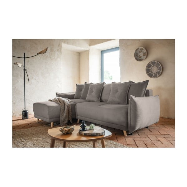 Svetlo rjava raztegljiva kotna sedežna garnitura iz rebrastega žameta (s kotom po izbiri) Lazy Lukka – Miuform-image-1