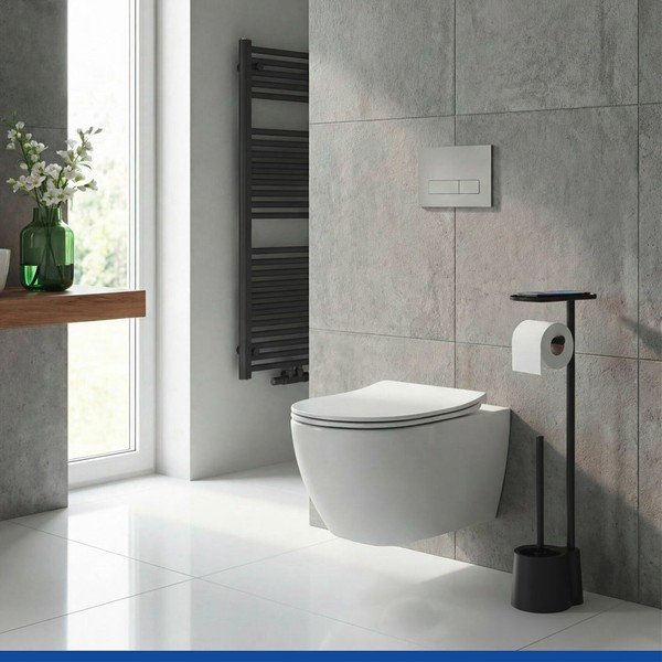Črno plastično stojalo za WC papir z WC ščetko Albella – Wenko-image-1