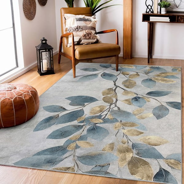 Svetlo modra/zlata pralna preproga 120x180 cm Golden Leaves – Mila Home-image-1