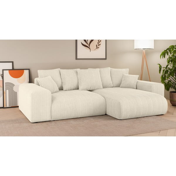 Kremno bela raztegljiva kotna sedežna garnitura iz rebrastega žameta s prostorom za shranjevanje (s kotom po izbiri) Luma – Ropez-image-1
