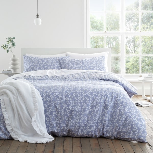 Bela/modra bombažna posteljnina za zakonsko posteljo 200x200 cm Shadow Leaves – Bianca