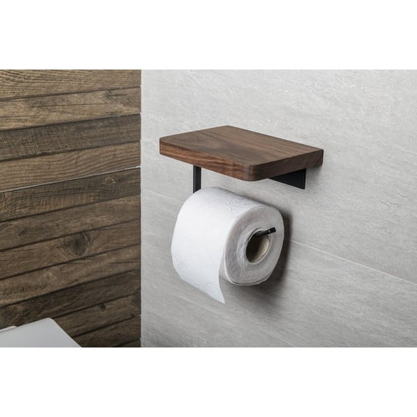 Rjavo leseno stensko držalo za toaletni papir s polico – Sapho-image-1