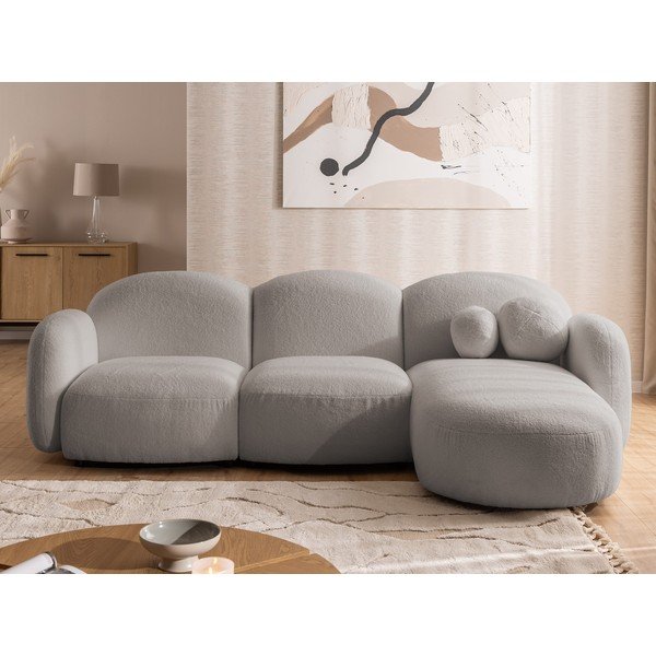 Siva kotna sedežna garnitura iz tkanine bouclé (desni kot/z ležalnikom) Orbit – Ropez-image-1