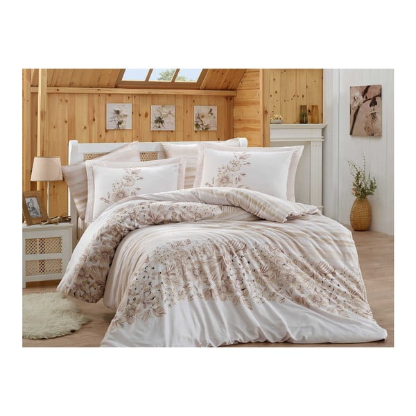 Posteljno perilo z rjuho za zakonsko posteljo iz bombažnega satena Serena, 200 x 220 cm