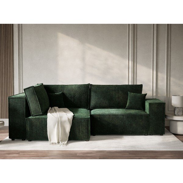 Temno zelena raztegljiva/s prostorom za shranjevanje kotna sedežna garnitura iz šenilje (levi kot/v obliki črke L) Tonga – Maison de Rêve-image-1