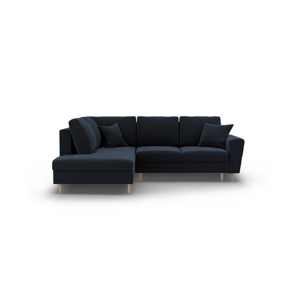 Temno modra žametna raztegljiva kotna sedežna garnitura s prostorom za shranjevanje (levi kot/v obliki črke L) Kyoto – Cosmopolitan Design