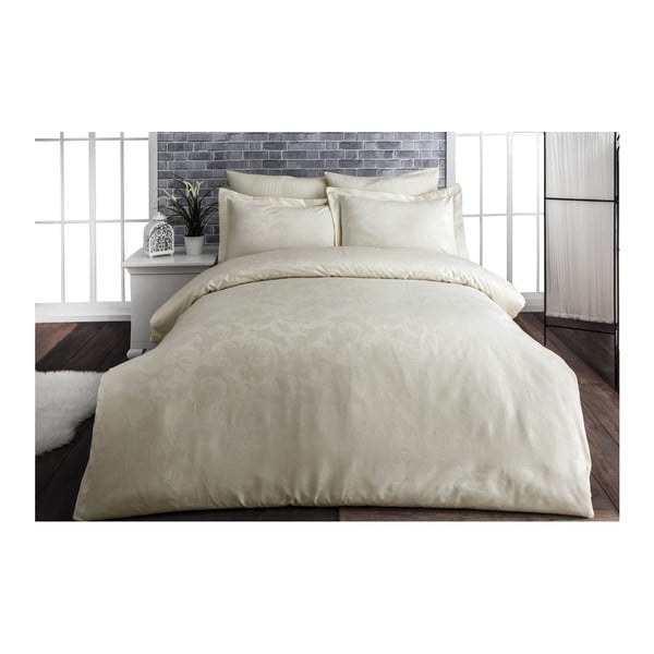 Krem bombažno satenasto posteljno perilo z rjuho za zakonsko posteljo Yaprak, 200 x 220 cm
