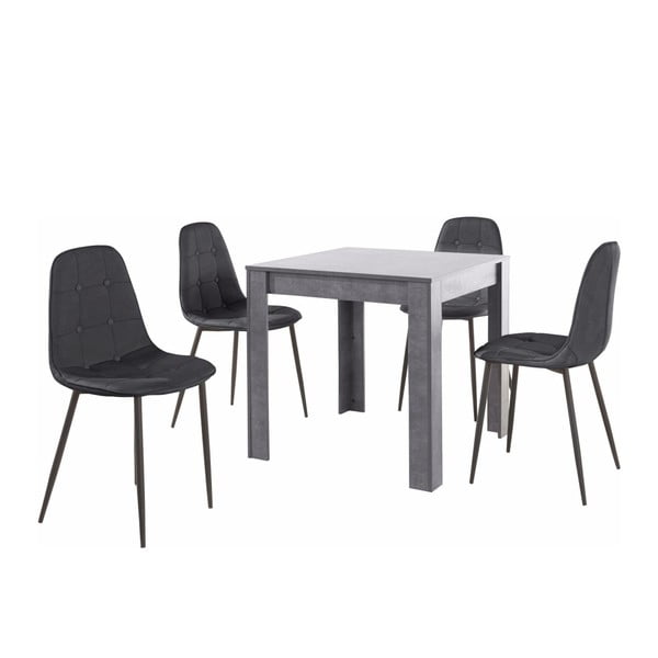 Komplet sive jedilne mize in 4 črnih jedilnih stolov Støraa Lori Lamar Duro
