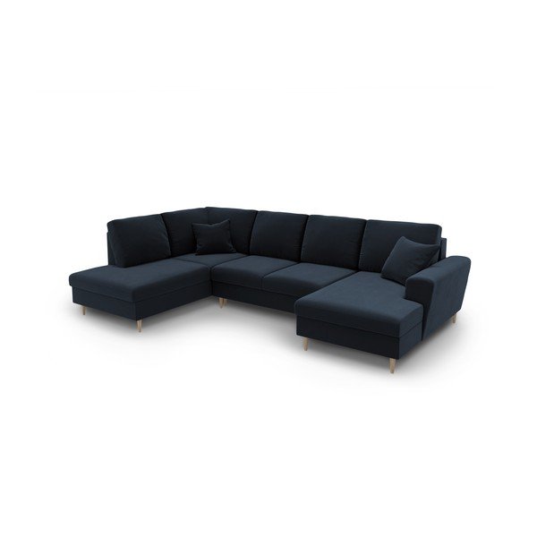 Temno modra žametna raztegljiva kotna sedežna garnitura s prostorom za shranjevanje (levi kot/v obliki črke "U") Kyoto – Cosmopolitan Design-image-1