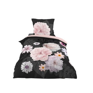 Črna/rožnata enojna bombažna posteljnina 140x200 cm Floral – douceur d'intérieur