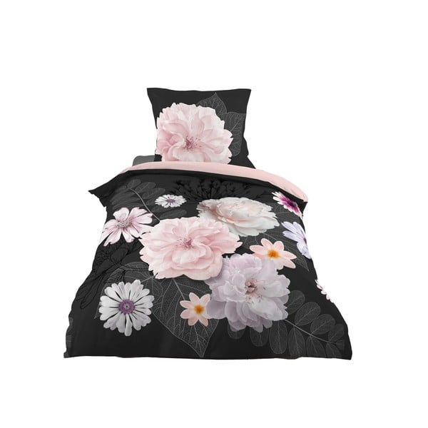 Črna/rožnata enojna bombažna posteljnina 140x200 cm Floral – douceur d'intérieur