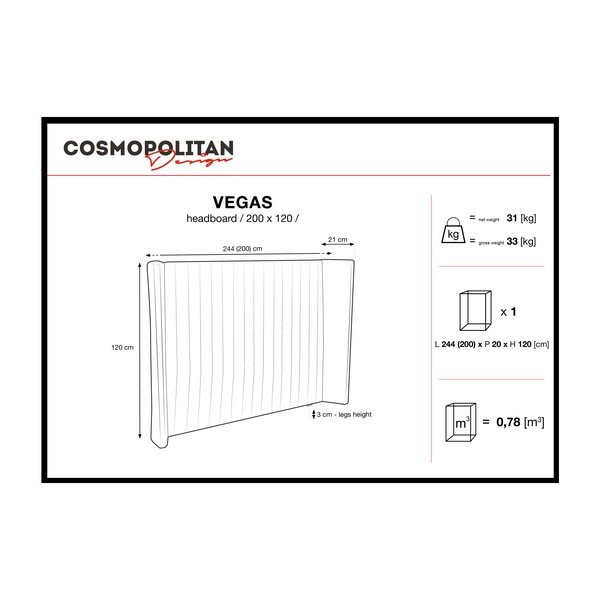 Siva naglavna deska Cosmopolitan Design Vegas, 200 x 120 cm-image-2