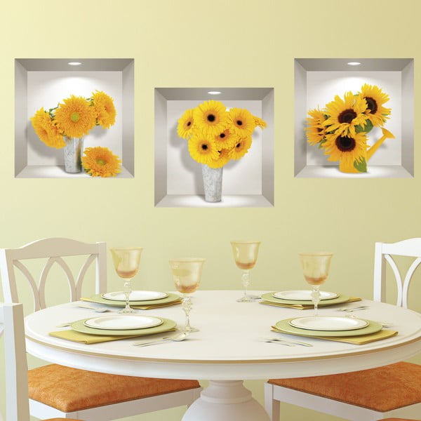 Komplet 3 3D stenskih nalepk Ambiance Sunflowers