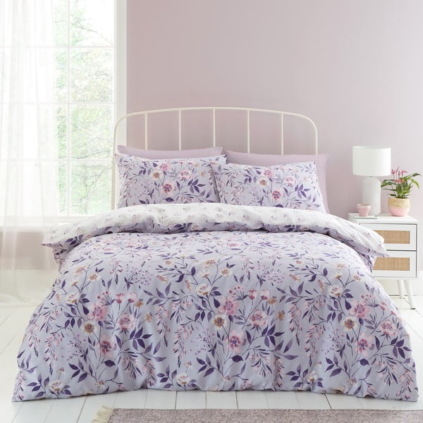 Bela/vijolična posteljnina za zakonsko posteljo 200x200 cm Isadora Floral – Catherine Lansfield