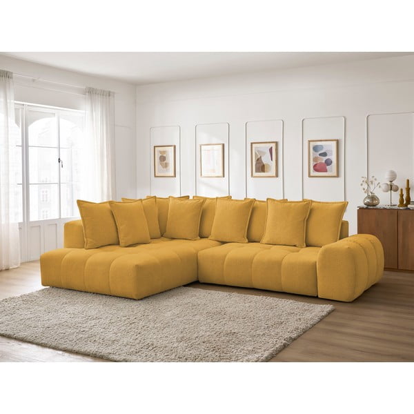 Gorčično rumena raztegljiva/s prostorom za shranjevanje kotna sedežna garnitura iz šenilje (levi kot/v obliki črke L) Everest – Bobochic Paris-image-1