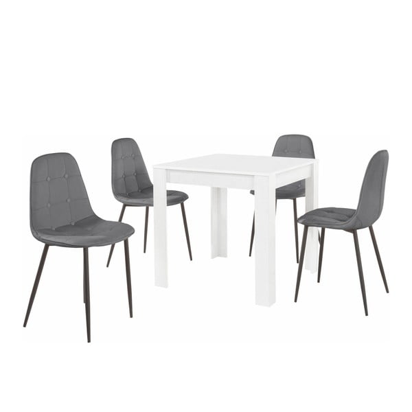 Komplet bele jedilne mize in 4 sivih jedilnih stolov Støraa Lori Lamar Duro