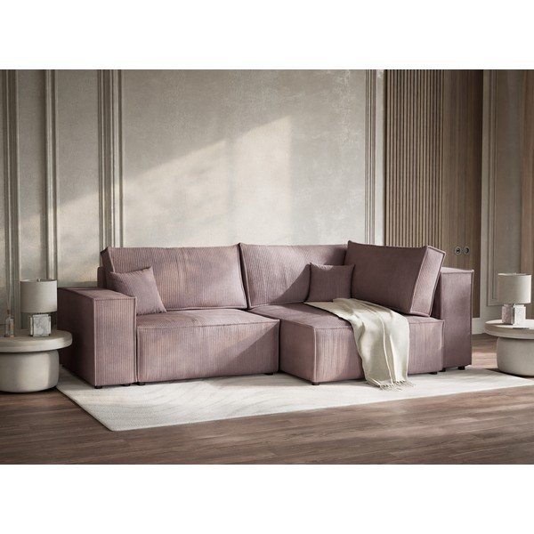 Vijolična raztegljiva/s prostorom za shranjevanje kotna sedežna garnitura iz rebrastega žameta (desni kot/v obliki črke L) Tonga – Maison de Rêve-image-4